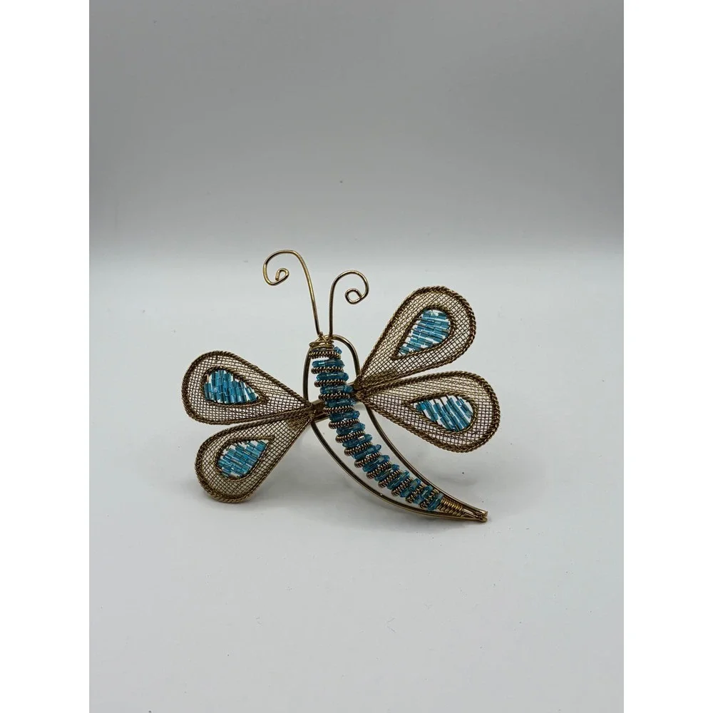 Set of 8 Gold Wire Dragonfly Napkin Rings Blue Beaded Mesh Wings Table Decor
